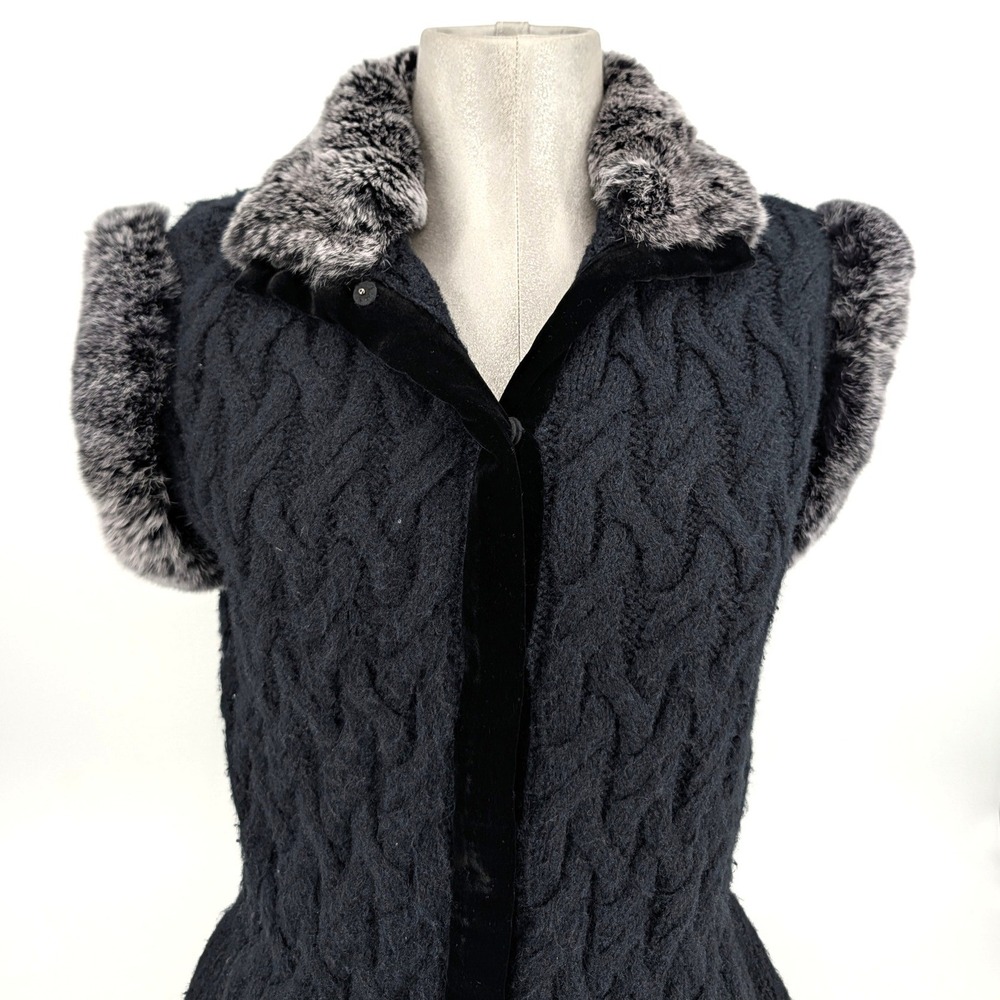 Magaschoni Silk Alpaca Cable Knit Vest Rabbit Fur Trim Peplum Black‎ Size M